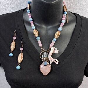 Handmade Necklace & Earrings Set Pink Quartz Pendant Beaded Copper Tone Beads